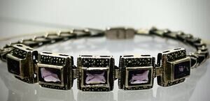 Vintage Art Deco Amethyst & Marcasite Sterling Silver Link Bracelet